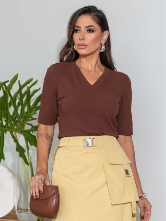 BLUSA LUZIA FAZZOLLI  MALHA CANELADA DECOTE V 