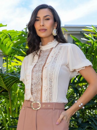 BLUSA CHIFFON COM RENDA CHANTILLY LUZIA FAZZOLLI