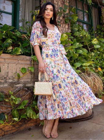 VESTIDO CHIFFON ESTAMPADO PLISSADO LUZIA FAZZOLLI