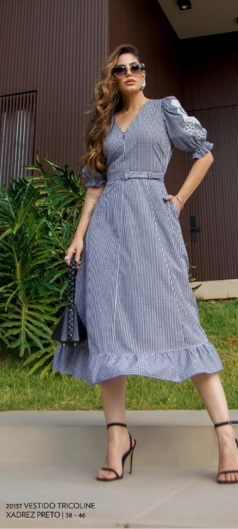 VESTIDO TRICOLINE VICHI MANGA BORDADA LUZIA FAZZOLLI