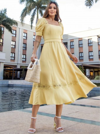 VESTIDO LINHO COM ENTREMEIO LUZIA FAZZOLLI