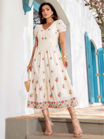 VESTIDO MIDI VOIL BORDADO LUZIA FAZZOLLI