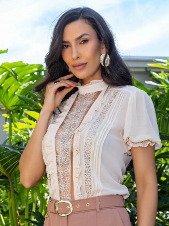 BLUSA CHIFFON COM RENDA CHANTILLY LUZIA FAZZOLLI